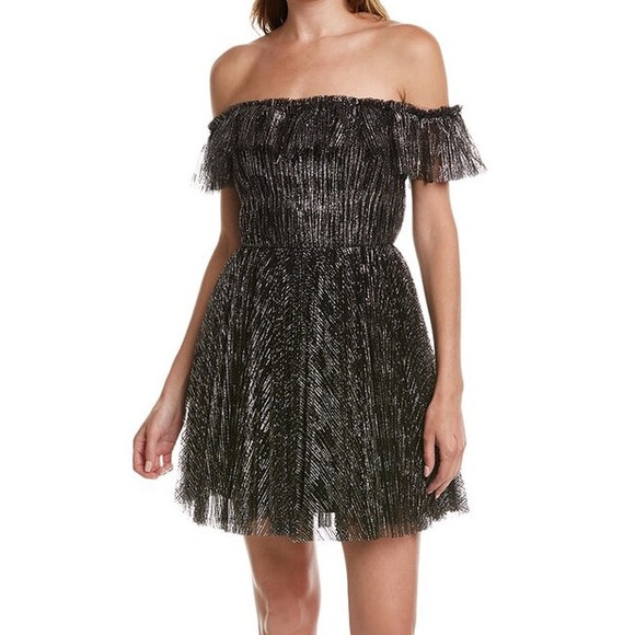 ❗️ $545 Monique Lhuillier Off Shoulder Cocktail Mini Dress Size 6 Silver Glitter - Picture 3 of 16